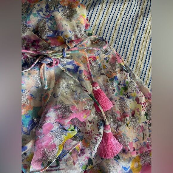 Rococo Sand Floral Leila Metallic Stars Mini Dress Sz XS Wrap Viscose Lined NWT - Picture 12 of 17